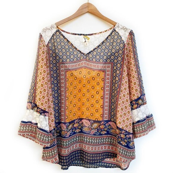 Fig & Flower Blouse Top Boho Relaxed Fit Chiffon Lace Floral Kimono Flowy - Picture 1 of 10